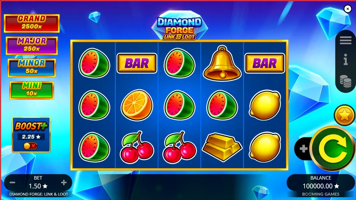 Tampilan visual slot Diamond Forge Link & Loot dengan simbol buah klasik dan elemen berlian.